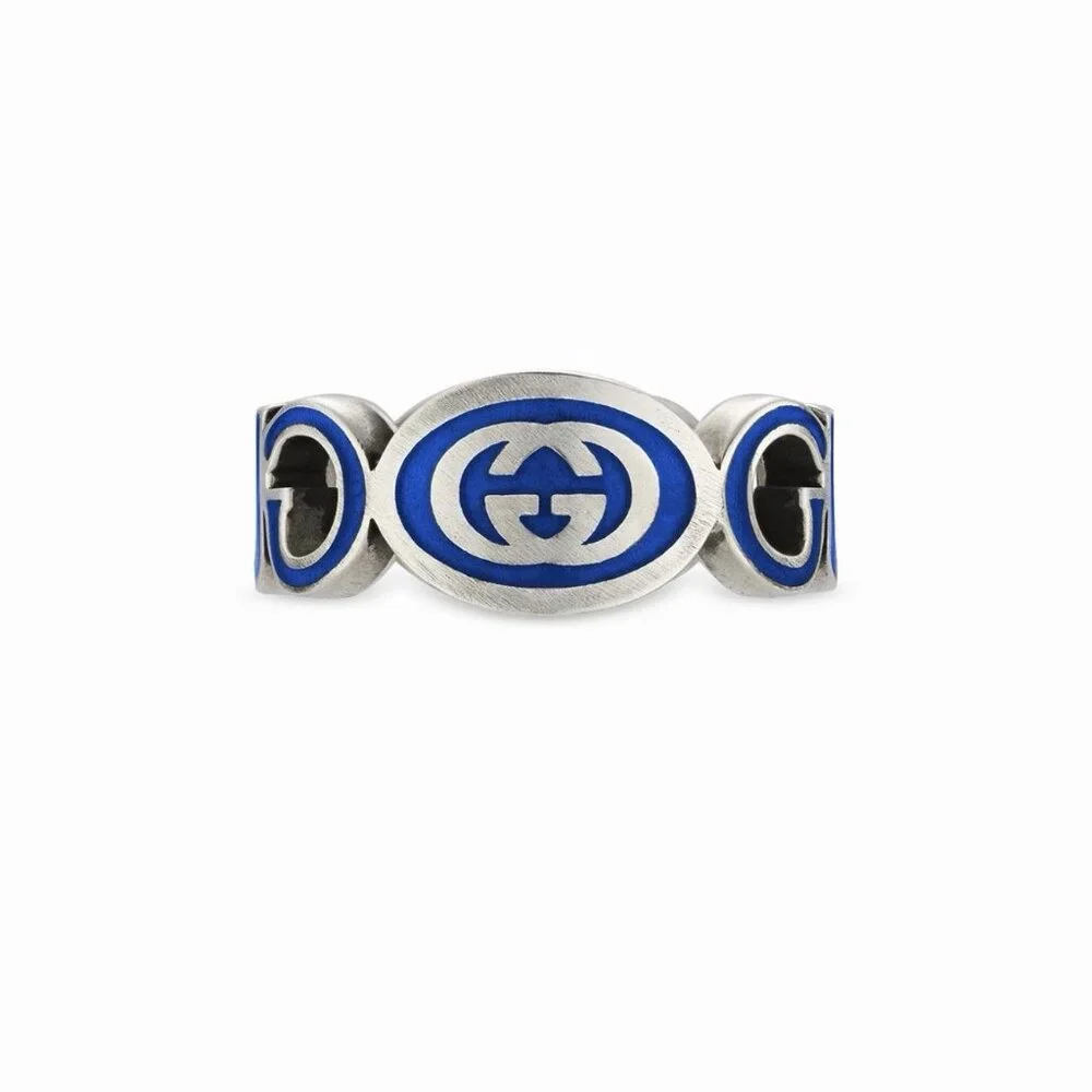 NEW GUCCI INTERLOCKING RING SILVER GG LOGO GREEN Chain Sz 26 IT 11.5 US Enamel - Picture 2 of 5